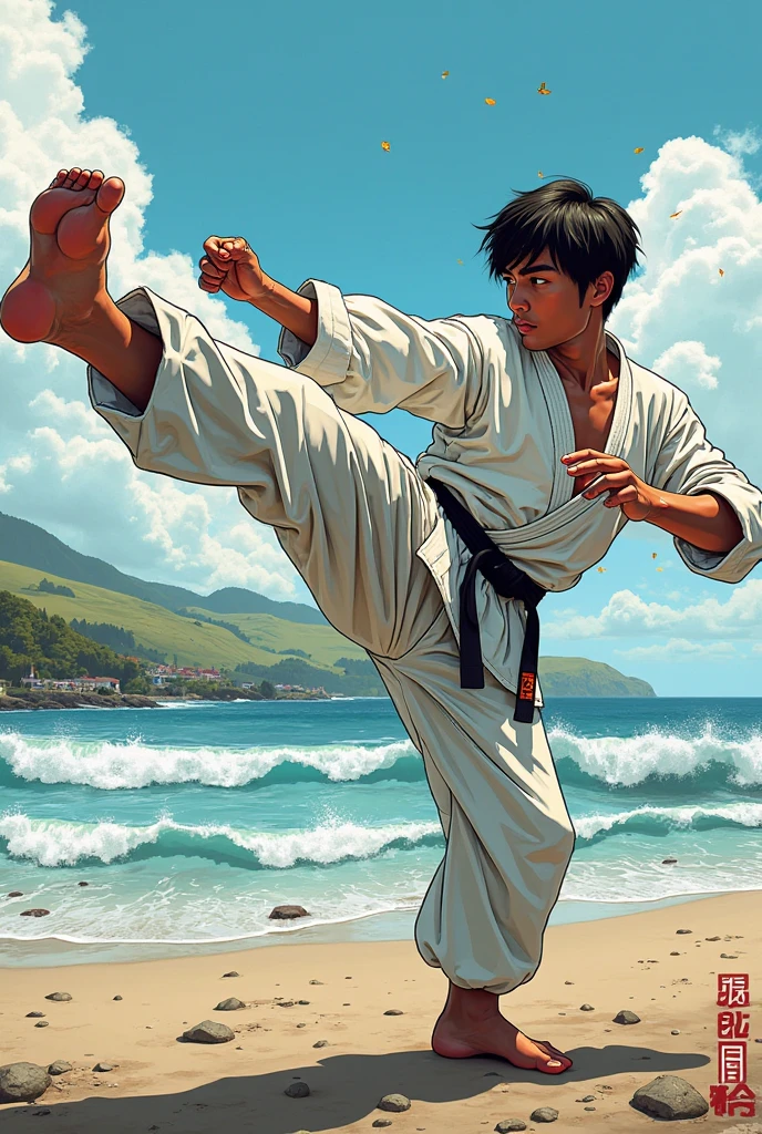 Ultra detailed, Highres, HDR, ryo sakazaki, sexy man, (((full body))),blush,bulge,muscular,masculine,masterpiece,muscle, Well-built physique,long legs,((Foot sweat)),((sweat foot soles )),a mature male whose feet are stained with mucus, shiny feet,foot focus,,((a mature male)),((Flying Kick)),((Jump kick)),((five toes)),((instep bulging veins)),((feet bulging veins)),
