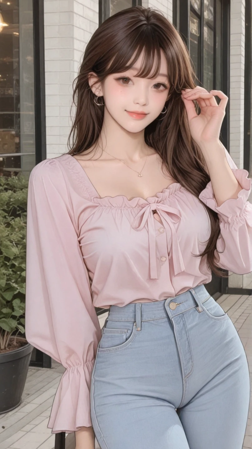（best qualtiy，A high resolution，tmasterpiece：1.3），A tall and beautiful woman，Slender abs，Dark brown hair in loose wavy styling，nedium breasts，Wear a pendant，Pink button-down shirt，a black skirt，（Modern architecture in background），Beautifully rendered details in face and skin textures，Detailed eyes，二重まぶた