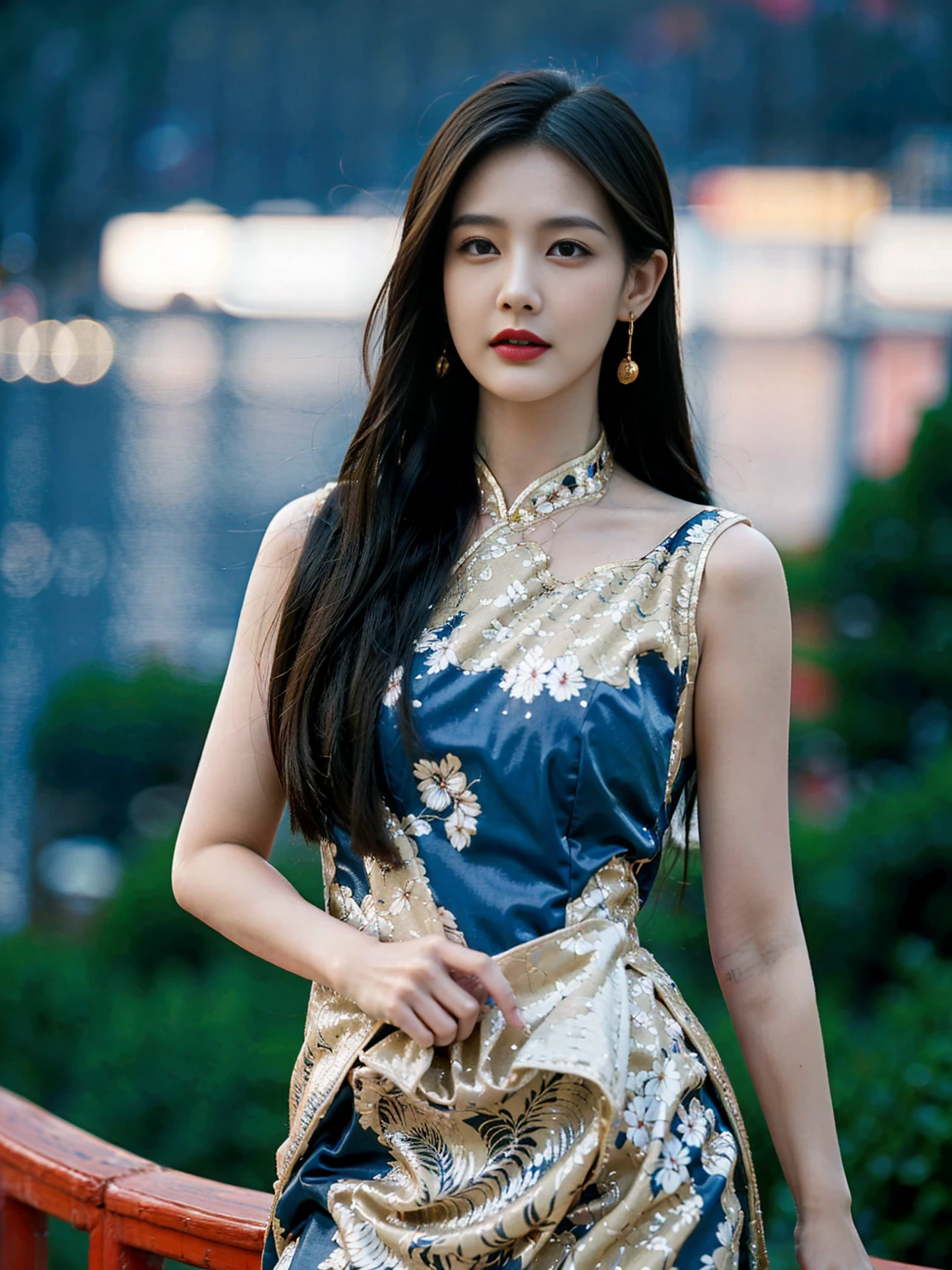 masterpiece, top quality, official art, extremely detailed CG unity 8k wallpaper, cinematic lighting, (perfect shiny skin:0.6), slim and smooth lines, (floating), (small breasts:1),  earrings , (sleeveless chinese clothes:1.5), floral print,  depth of field, night cityscape, (1girl:1.6),   long hair, ulzzang-6500v1.1, (original: 1.2), (realistic: 1.3) , beautiful girl with beautiful details, extremely detailed eyes and face, eyes with beautiful details, absurd, incredibly absurd, huge file size, ultra detail, high resolution, ultra detailed, best quality, masterpiece, illustration, ultra detailed and beautiful, ultra detailed, CG, unity, 8k wallpaper, amazing, fine Detail, masterpiece, top quality, official art, extremely detailed CG unity 8k wallpaper, cinematic lighting, (perfect shiny skin:0.6), slim and smooth lines, (floating), (small breasts:1),  earrings ,    <lora:liYitongChinese_v10:0.8> <lora:Korean-doll-likeness:0.2>