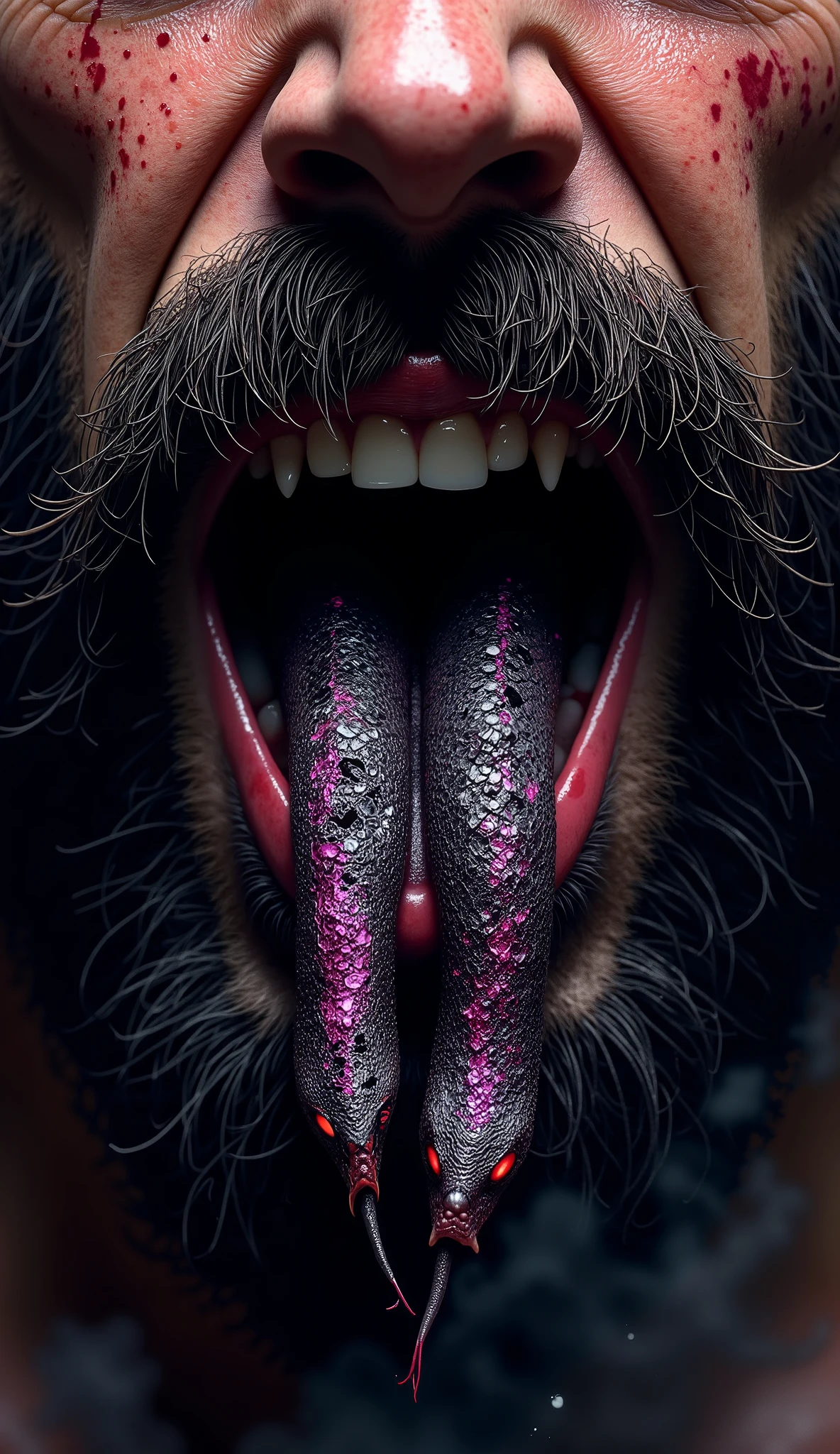 A hyper-realistic, high-detail close-up digital painting of a bearded man's mouth, viewed from a slightly low angle. He has a rugged, thick black beard framing his natural lips — unpainted, dry, and slightly cracked, with realistic skin texture. From between his parted lips, two demonic snakes emerge instead of a tongue — one curling to the left, the other to the right. The serpents are wet, scaly, and iridescent, with hues of deep purple and obsidian black, their glowing eyes fixed forward, fangs exposed in a silent snarl. The man remains still, intense, his expression stoic, his power in silence. The lighting is dramatic and cinematic, casting bold shadows across his jawline and emphasizing the glistening serpents. The background is dark and smoky, evoking a hellish atmosphere. The scene symbolizes hidden venom, silent dominance, and the inner demons that whisper where the man does not speak.