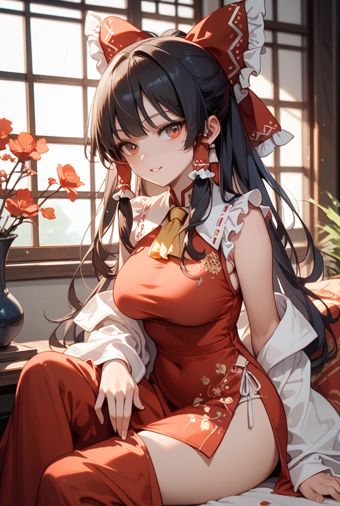 1girl,bush,fashi-girl,china dress,chinese clothes,hair flower,(masterpiece:1.4),(best quality:1.4),(shiny skin),red lips,looking at viewer,big breasts,cleft lip