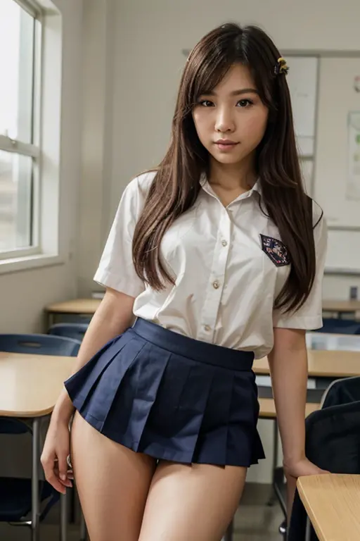Product quality,1 person,((Shooting from below:1.4)),((Thigh Emphasis:1.4)),Young and cute Japan,Daytime, ((High school classroom:1.2)),White short sleeve shirt,Schoolgirl uniform,blazer, ((Ultra-short checkered blue micro mini skirt)),(((Skirt Lift, No pants, Genitals are visible:1.5))),Very cute face,Glossy Lips,Beautiful big eyes,Brown eyes,Double eyelids on both eyes,(Natural Makeup),shiny smooth light brown long hair,,,,Asymmetrical bangs,Floating Hair NovaFrog Style,Center image,8k resolution,Attention to detail,Detailed hairstyle,Detailed face,Cinema Lighting,Octane Rendering,Ultra-realistic,Perfect limbs,Beautiful feet,Voluptuous thighs,Huge breasts,Perfect Anatomy,Spread your legs,((Provocative dynamic pose:1.5))