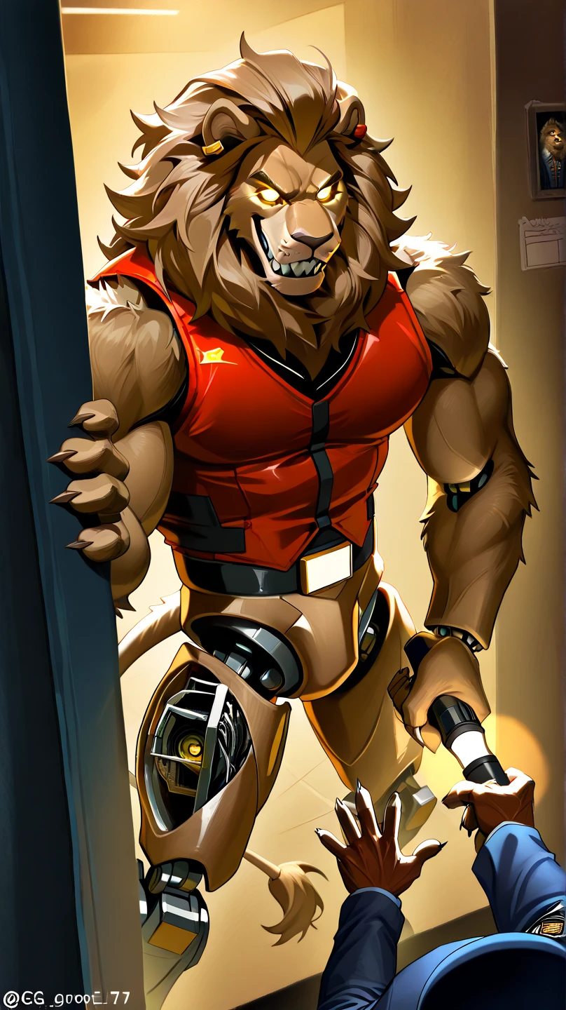 Security officer Dyne explores a closed dark abandoned Freddy Fazbear's Pizzeria. He's holding a flashlight, and is looking around Freddy Fazbear's pizzeria. Animatronic Cornelius is sneaking up him!!! BREAK Dyne is a black werewolf furry anthro fazbear security guard. He is smaller than Cornelius. couple, duo, 2 characters.
g score_9, score_8_up, score_7_up, score_6_up, dynamic pose,masterpiece,anthro, (Cornelius, Male, furry, Lion anthro, Medium muscular lion, no mane, brown, light brown lion, feline, long brown pony tail hair, lion ears, wearing tiny gold round glasses, , hands, standing, posing, good , arms, male , perfect , perfect body no defects, hands, 5 fingers, perfect hands, completely perfect body, 4k (Realistic eye details 1.2), fluffy fur, source anime, best quality, anthro, A muscular lion man with a strong build. He has a well-defined jawline and a serious expression. His fur is brown, pony tail long, and he has no mane, Mature male, anthro, feline, animatronic, robot, good drawn sharp teeth, no blur, red body, claws,sharp teeth, gold tooth, gold (metal),shredded ears, animal ears,ear piercing,jewlery, animatronic, robust body, friendly appearance, blue and white metallic fur, red vest, and gold accents, glowing eyes, warm smile, big dumb smile, Highly detailed, white sclera, yellow eyes, male,countershade,fur,white sclera,tall male,hairy male,one hooked hand,muscular male,damaged body,black robotic legs,damaged pec,high angle,close up. Fnaf, Pizzeria security office background. by null-ghost, masterpiece, best quality , furry, wolf, Two tons of fur, ( black fur :0.8), Broad shoulders, Narrow waist, monitors, camera, night, High Quality, Masterpiece, beautiful, s drawings on wall, Freddy Fazbear plushies, messy unkept place, spooky horror vibes.