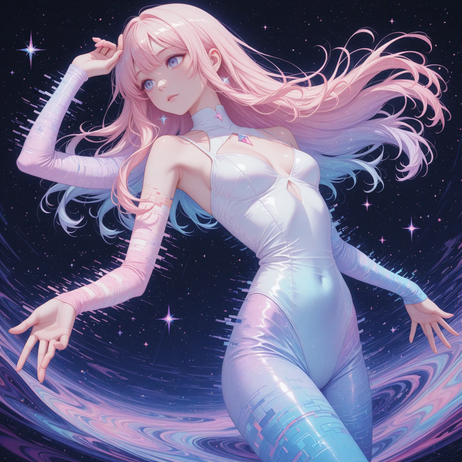 A slim, beautiful anime girl with flowing hair and striking pink lips. She stands gracefully, her eyes sparkling with a hint of mystery and charm. Her delicate features are accentuated by her vibrant lips, making her look both elegant and enchanting."