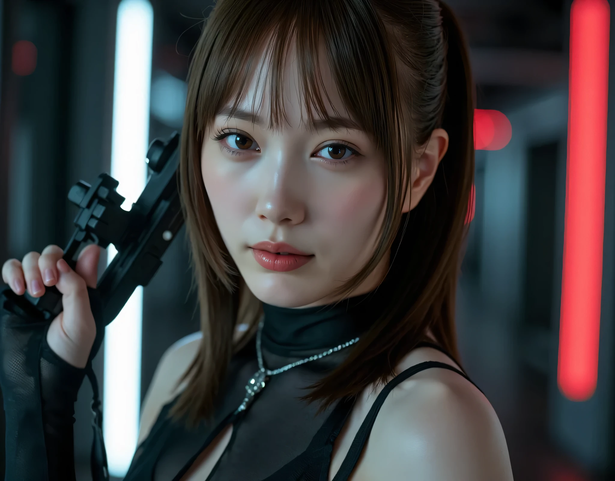 (((Inside a dark room:2.0))),(((cyberpunk atmosphere:2.0))),(((hold a rugged laser rifle:2.0))),one woman,(cute face:1.7),(Beautiful well-balanced face :1.7),(((heavy makeup:1.7))),(wavy dark hair that exposed muscles:1.5),(Beautiful Eyes:1.3),glamorous shot of a 20-year-old Japanese woman,beautiful slender body,((Model Body:2.0)),((slim body:1.7)),perfect body line,ideal proportions,((Big breasts:2.0)),((スリーサイズ90-58-86:3.0)),((F cup breasts:1.5)),big ,Bare thighs,(Sensual Thighs:1.7),delicate body,(Glutinous meat:1.7),Harmonious posture,((Realistic breast depiction :1.7)),Carefully Depicts Limbs Based on Perfect Anatomy,((futuristic samurai style black super high-leg leotard with harness:2.0)),((Super high-leg leotard with a sleek design that fits the body:2.0)),((((Super high-leg leotard made of intensely ingrained latex:2.0)))),((Tactical Holster:2.0)),(Gloves:1.3),((((Coarse mesh fishnet stockings:2.0)))),(( Future Helmets :2.0)),Concept Art,(top quality:1.5),(masterpiece:1.5),(超高Resolution),Resolution,UHD,(delicate depiction),carefully drawn,32k,((realistic skin texture:1.5)),((pale skin:1.7)),(((super realistic:1.5))),carefully drawn eyelashes,very detailed face,highly detailed female hands, Sexy appearance ,very sensual,(Blurry, dim background:1.5),PROFESSIONAL PHOTOGRAPHY,(Cinematic Lights:2.0),((Blade Runner Style Lighting:2.0))