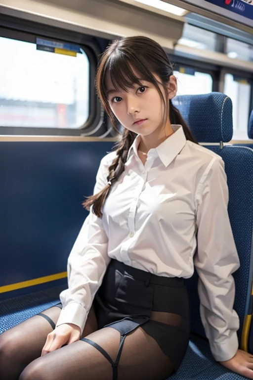 zydG, 1girls, Front view, looking away, sitting, ((skirt lift)), ((panty shot)), brown-eyed, (Ponytail with bangs:1.2), (medium breasts:1.0), smile with white teeth,(photorealestic:1.4), (Top image quality:1.0), (UltraHighResolution:1.0), 8K, Raw photography, (A masterpice:0.2), (school uniform), (plaid skirt),(frilled panties),(sweat, wetty:1.1), portlate, facefocus,ful body,(pureerosface_v1:0.5), in the train,
