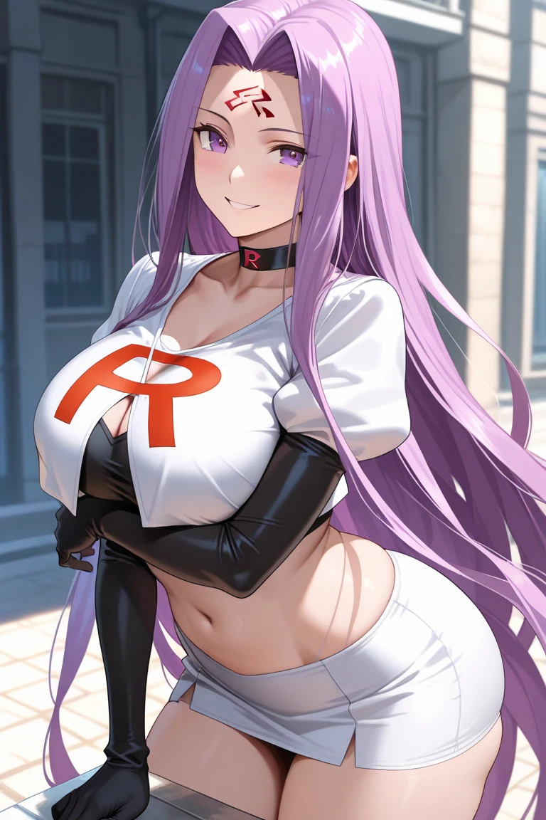 (Masterpiece), Best Quality, ultra-detailed, 1girl (jessie pokemon, Big and pretty breasts, naked body, purple hair, very long hair,blue eyes, half-closed eyes),evil face, smirk, parted lips, head tilt, mascara, full makeup, black eyeshadow, red lipstick, solo, , see-through nightgown, cleavage, in the bedroom,  night time, standing, Sexy waist teasing,from_below , come-on, lure. 