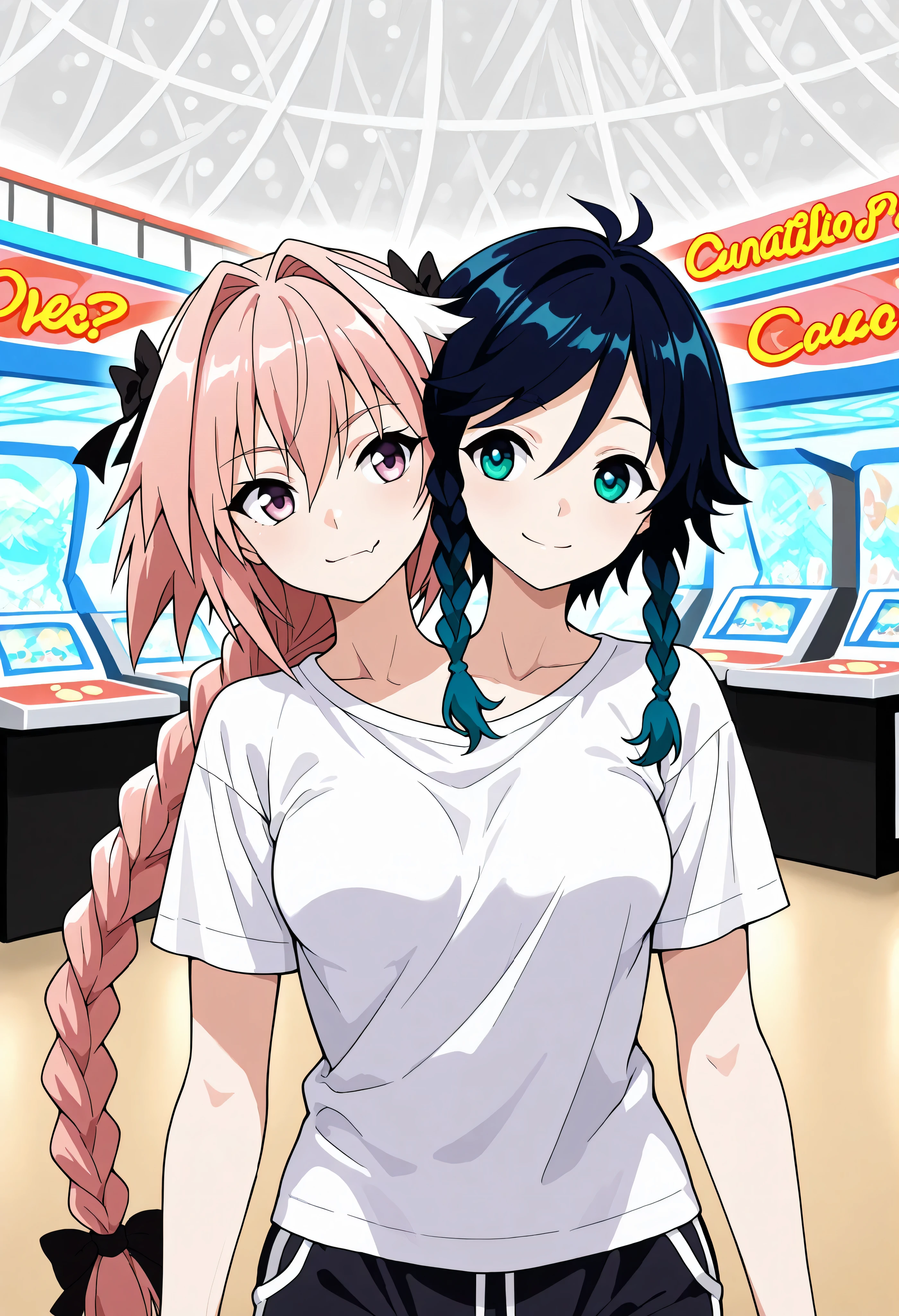 conjoined, 2girls, 2heads, two heads, a tall thin girl with 2 heads, venti, gradient hair, dark blue hair, green hair, twin braids, green eyes, astolfo, long hair, pink eyes, hair ribbon, pink hair, braid, ahoge, white hair, male focus, multicolored hair, streaked hair, single braid, long braid, white shirt, black dolphin shorts, Amusement Center, medium breasts, front shots, upper body