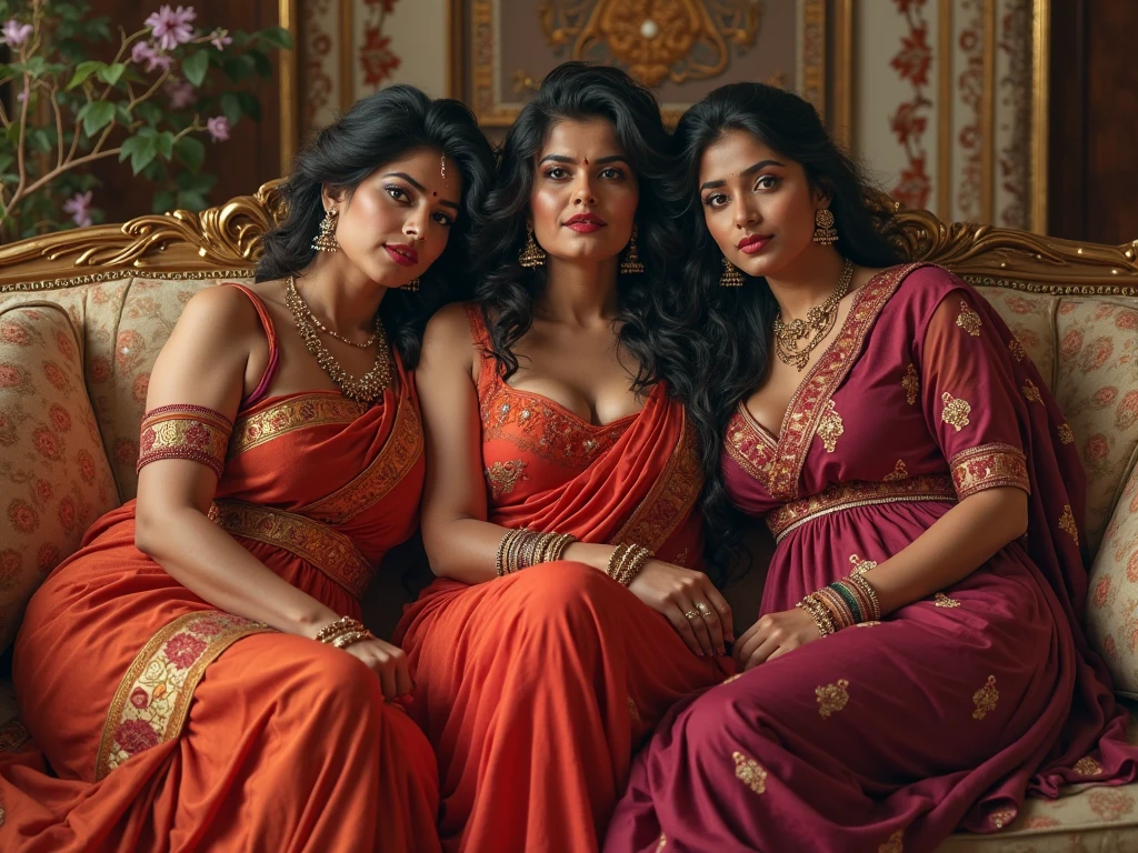 4 indian woman lying on bed in saree by showing medium chubby navel and cleavages with a man with out shirt,