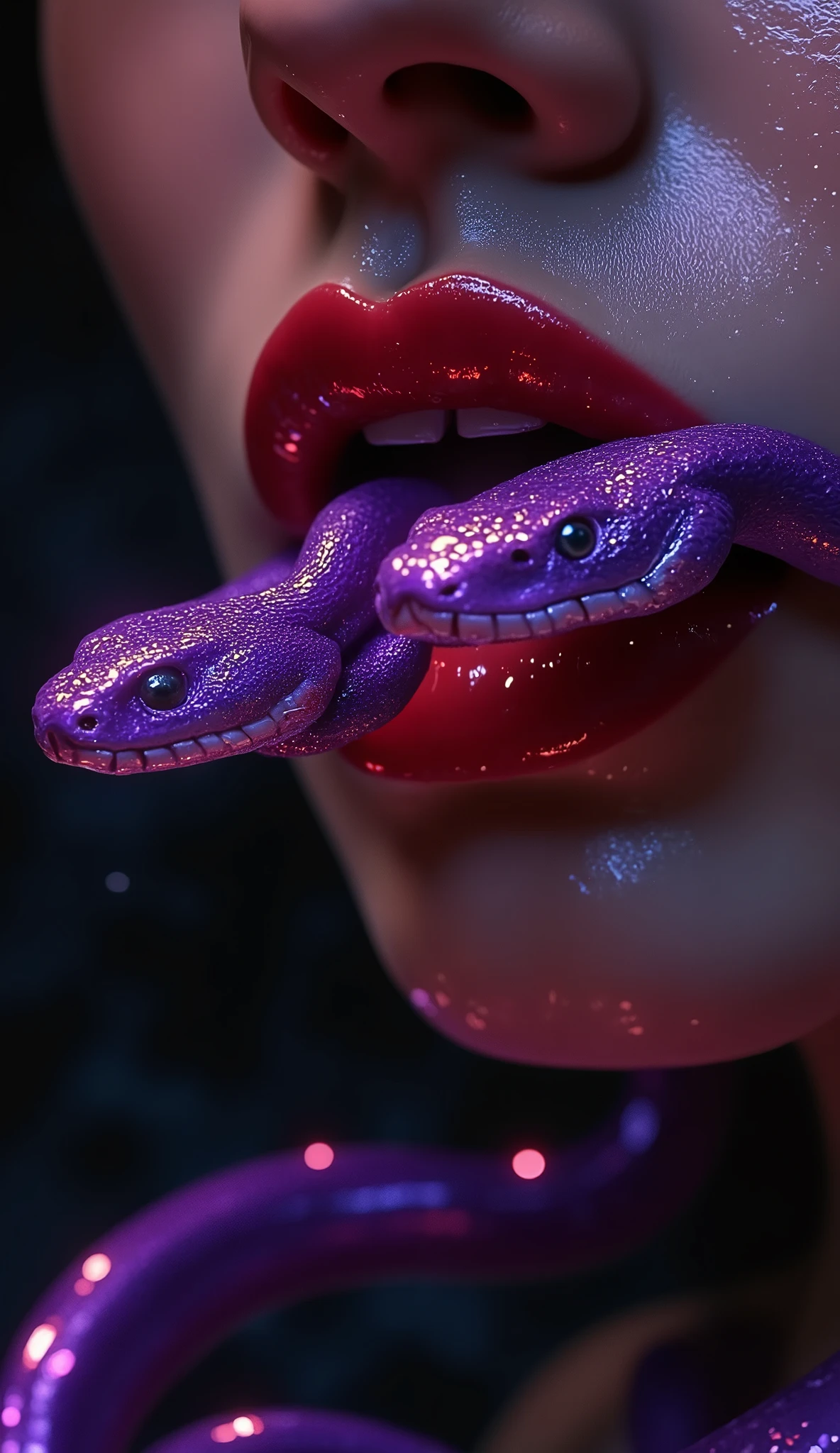 A hyper-realistic, high-detail close-up digital painting of a man's mouth, shot from a slightly low angle. His lips are parted and glossy deep red, sharply contrasted against pale, slightly textured skin. From within his mouth, two intertwined snakes emerge instead of a tongue — one curling left, the other right — both with purple, iridescent scales, glowing venomous eyes, and small exposed fangs. The snakes represent the poisonous power of gossip and manipulation, as the man remains silent while they hiss truths and lies in his place. The lighting is dramatic, accentuating the wet gloss of his lips and the sinister beauty of the serpents. The background is dark, mysterious, almost smoky, enhancing the symbolic tension between restraint and inner chaos.
