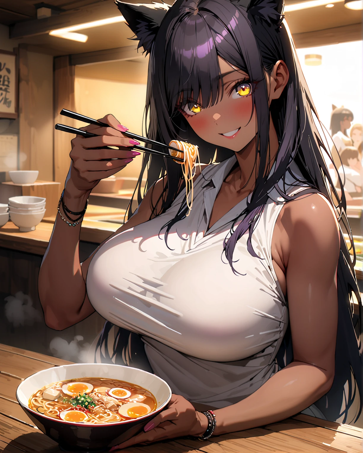 I want to modify the above image。hold chopsticks in your right hand、with those chopsticks、I want you to scoop the udon and put it in your mouth and slurp it.。After、Show me your cleavage。