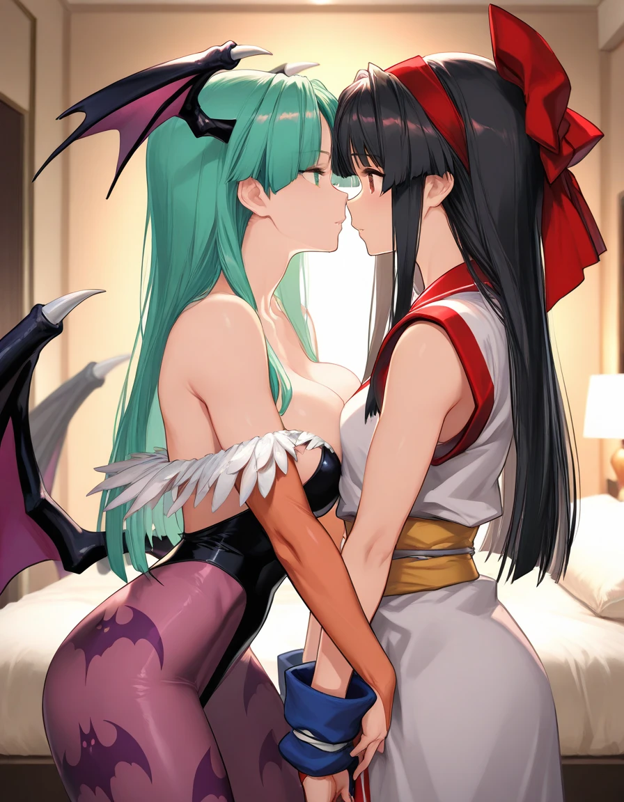 Morrigan the darkstalkers, fur , blue-green hair, Long hair, bat wings on his head, human ears, unbuttoned white blouse, unbuttoned red latex pants, in bed face down , raising her buttocks a lot with her hips, big breasts, In a bed, in a castle, her red latex pants down, seductive look, blushing, his pants slide down one leg, POV I put my hand on her buttocks, orders, shackles on the neck, chained, He turns his back on me, POV lifts her buttocks, POV her back turned.