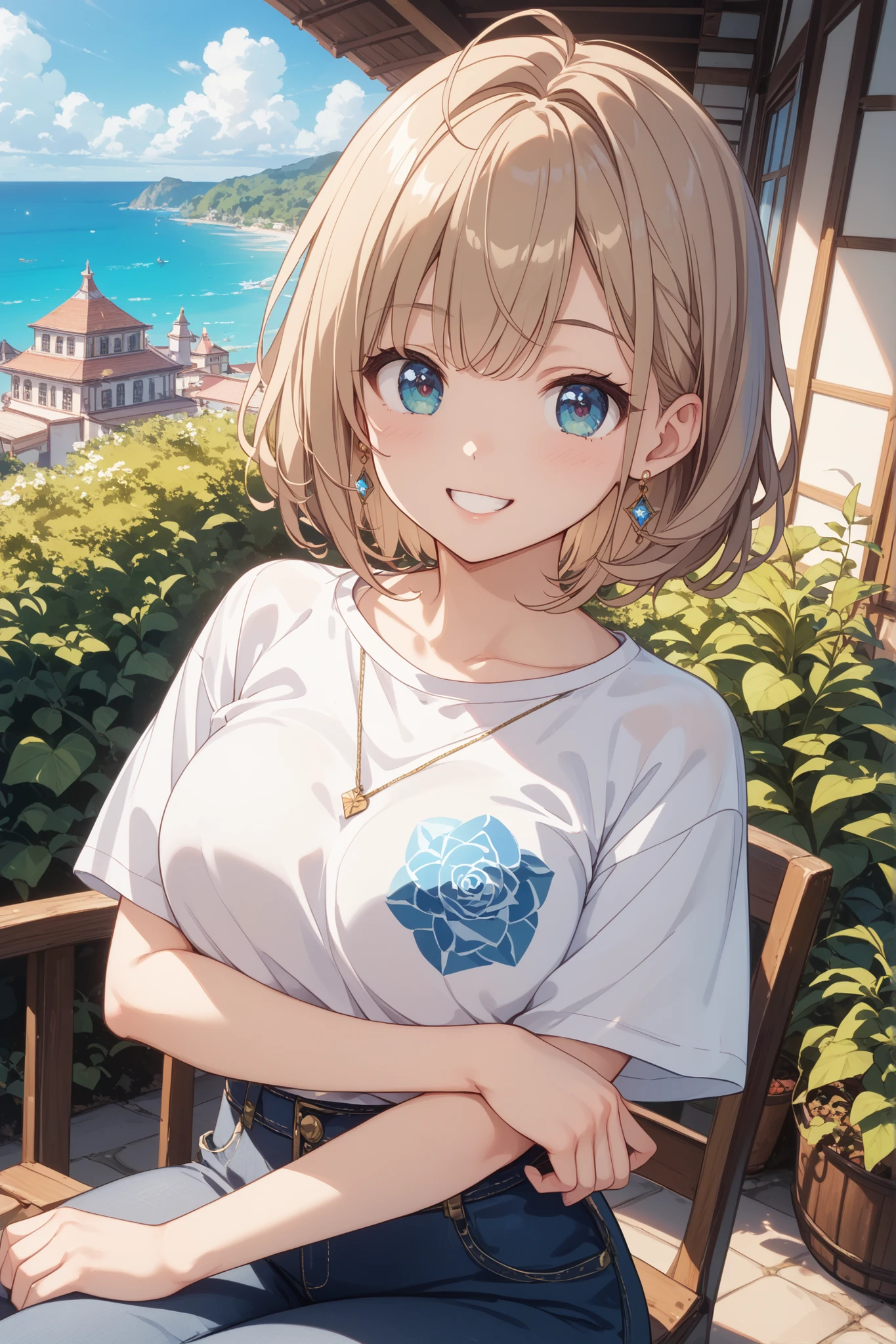 best quality,masterpiece,shiny blonde,blue eyes,white clothes, look down on, upper body,hair strand,Fair skin,short bob,wet through,french braid,blushing and red,blunt bangs,headband,simple necklace,hoop earrings,gladient hair,smile gently,left sideburn is longer than right one