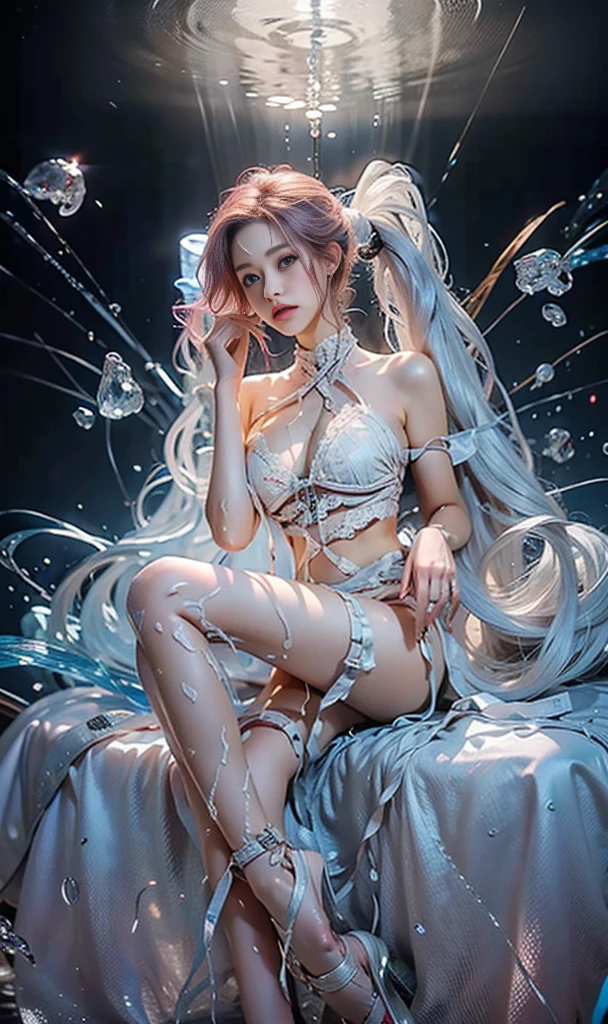 (masterpiece, realistic, photo-realistic:1.2), finely detail, ultra high res, perfect anatomy, best quality, 8K, soft focus, (NSFW),looking down to viewer,((From below:1.5)), (masterpiece、excellent,1girl in、solo、intricate detailes、color difference( Japanese girls), bondage, Realistic:1.2),shenzi,long hair,(pink hair:1.2),purple eyes,(very long hair:1.4),separated sleeves,jewelry,wide_sleeves,(hair_ornament:1.4), ,ceres fauna,( nsfw, breasts out, puffy nipples),((masterpiece, best quality)), (((Ultra-thin silk transparent sexy clothes:1.3))),utifully detailed face,ultra realistic 8k cg, (((Liquid dripping from the crotch, Water droplets splashing from the crotch))), (((Panting face with closed eyes))),bikini, (((Masturbate by touching your vagina with your fingers inside your pants)), (((Squat Sitting))), love juice spilling on the floor ,charming, seductive, erotic, alluring, enchanting, deity, jewelry, one mole under eye, glowing eyes, piercing eyes,(hiqcgbody:0.3), (hiqcgface:0.3), epic, (royal palace), royal, ((rich, prestige)),pussy, spread legs, pussy juice(There is white viscous liquid flowing out of the vulva:1.3)