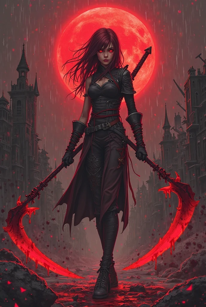 Pale skin, long red hair, standing in a dark graveyard, blood, scars and stiches on skin, night with a blood red moon in the sky <lora:more_details:1> <lora:Perfect Hands:1> <lora:attire_nakedbandage:1> naked bandage, under boob, daggers in hands, <lora:kVoidEnergy:1> V0id3nergy, 21 year old Female 5 foot 2 inches tall. 115 pounds, medium breasts., sharp focus, 8k UHD, quality, 4k, highly detailed,