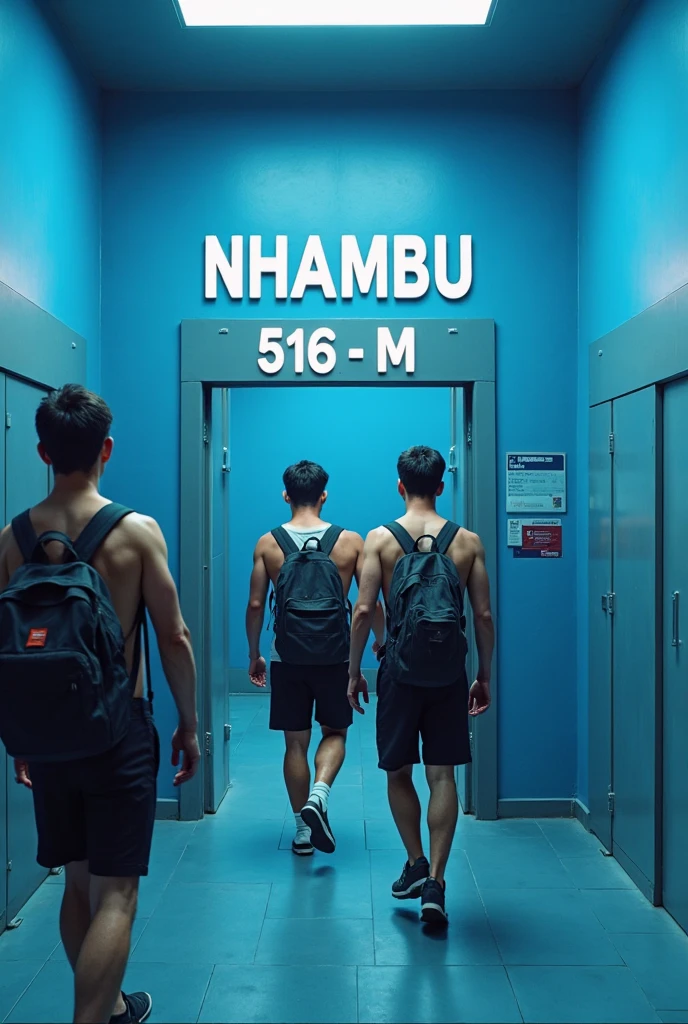 Blue wall public bathhouse, modern and brand new, with a sign written in capital letters “NHAMBU 225-M”, with shirtless men coming and going.