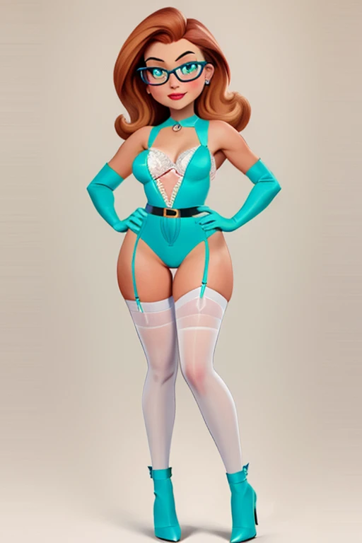 2 heads,Photo of a 50-year-old woman with brown hair, a captivating gaze, Brown eyes, Wrinkles on her face, Black pantyhose,Black High Heel Boots,She wears very sexy lingerie underwear、、Revealing her large sagging breasts, Light makeup and red lips. 32K