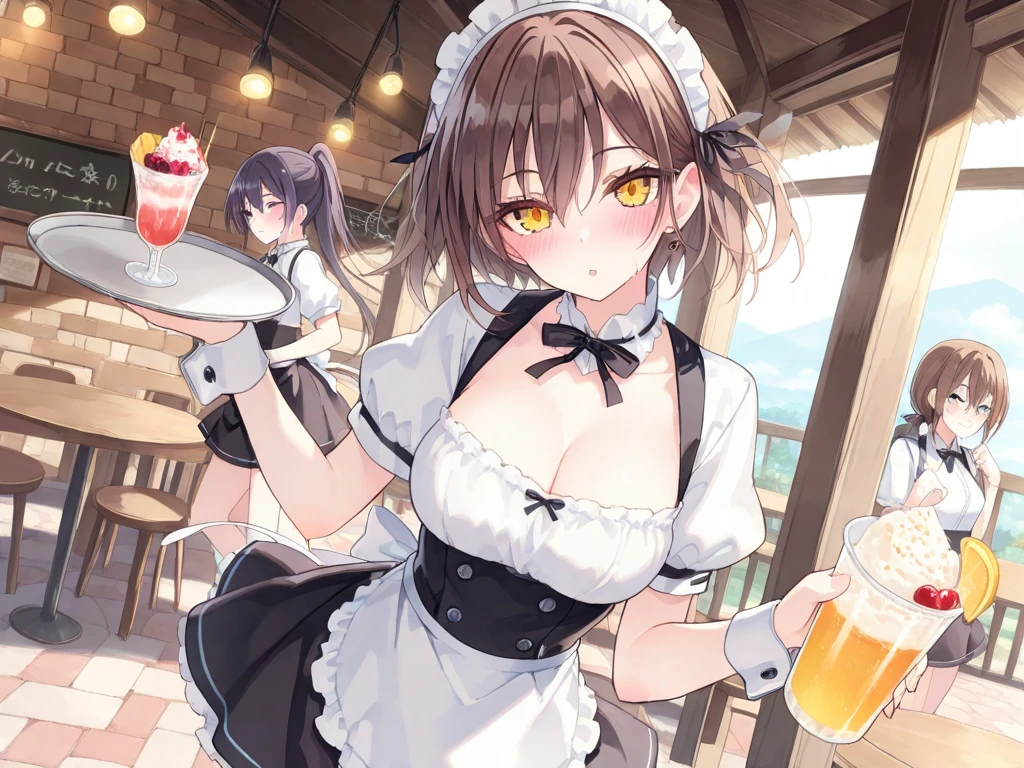 (a minigirl below the breasts of a giantess: 1.1), (height_difference:1.5), (size_difference:1.2), restaurant, food, dining, she is looking down at her, she is looking down, a giantess looking down at a minigirl, a giantess with a minigirl below her breasts, she is looking down at her, (giantess:1.6), smug, :3, (2girls:1.5), cleavage, shiny skin, a crowd of people on a table below the breasts of a giantess, a crowd of people on a platform in front of the breasts of a giantess, (multiple_girls:1.1), (rear end:1.2), (minigirl:2), (minigirl on a table: 1.1), sweaty, elfgirl