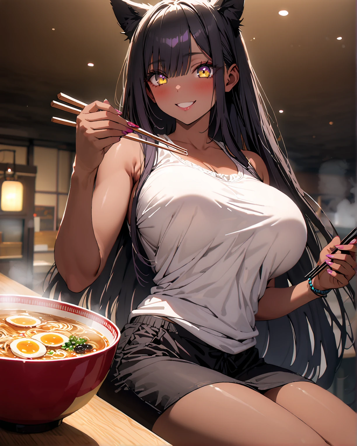 1 female, darker skin, gold yellow long hair, red eyes, huge breast, black bra, thick legs, red long jean, glasses, red cap, in the indian place, indian foods, eating, sitting
