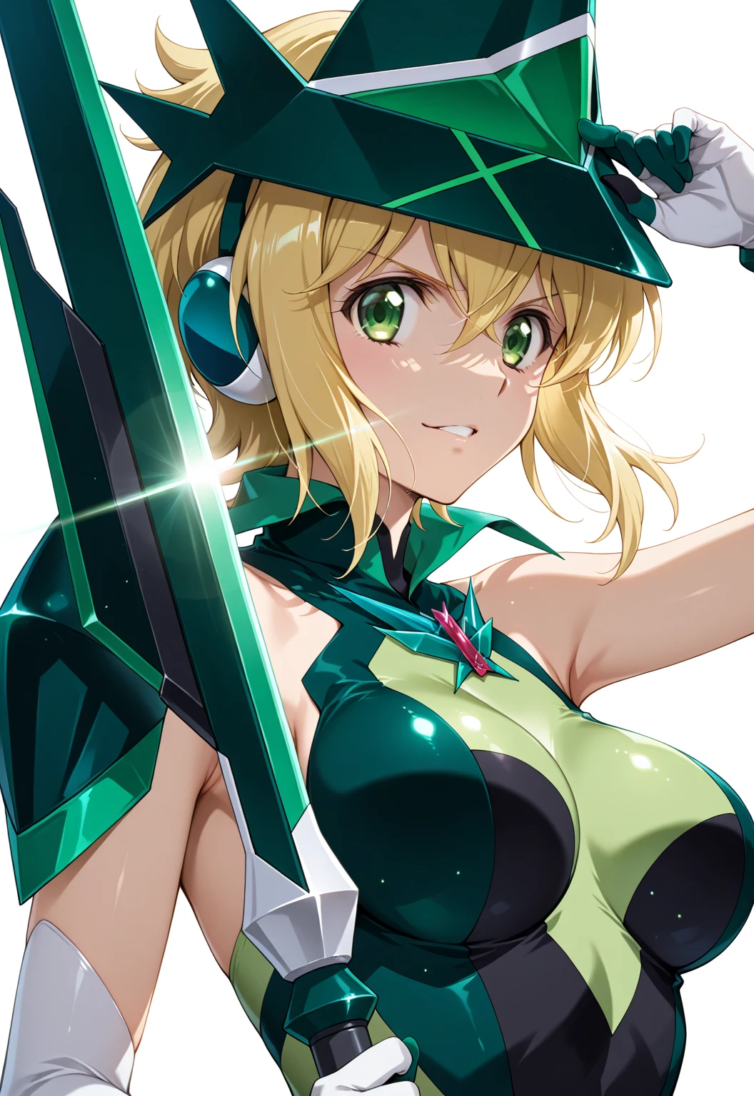 (masterpiece, best quality:1.2), 1girl, solo, short stature, slender, are thin, narrow waist, blonde hair, short hair, short hair with long locks, side locks, X hairpin, ((green vertical eyes)),
