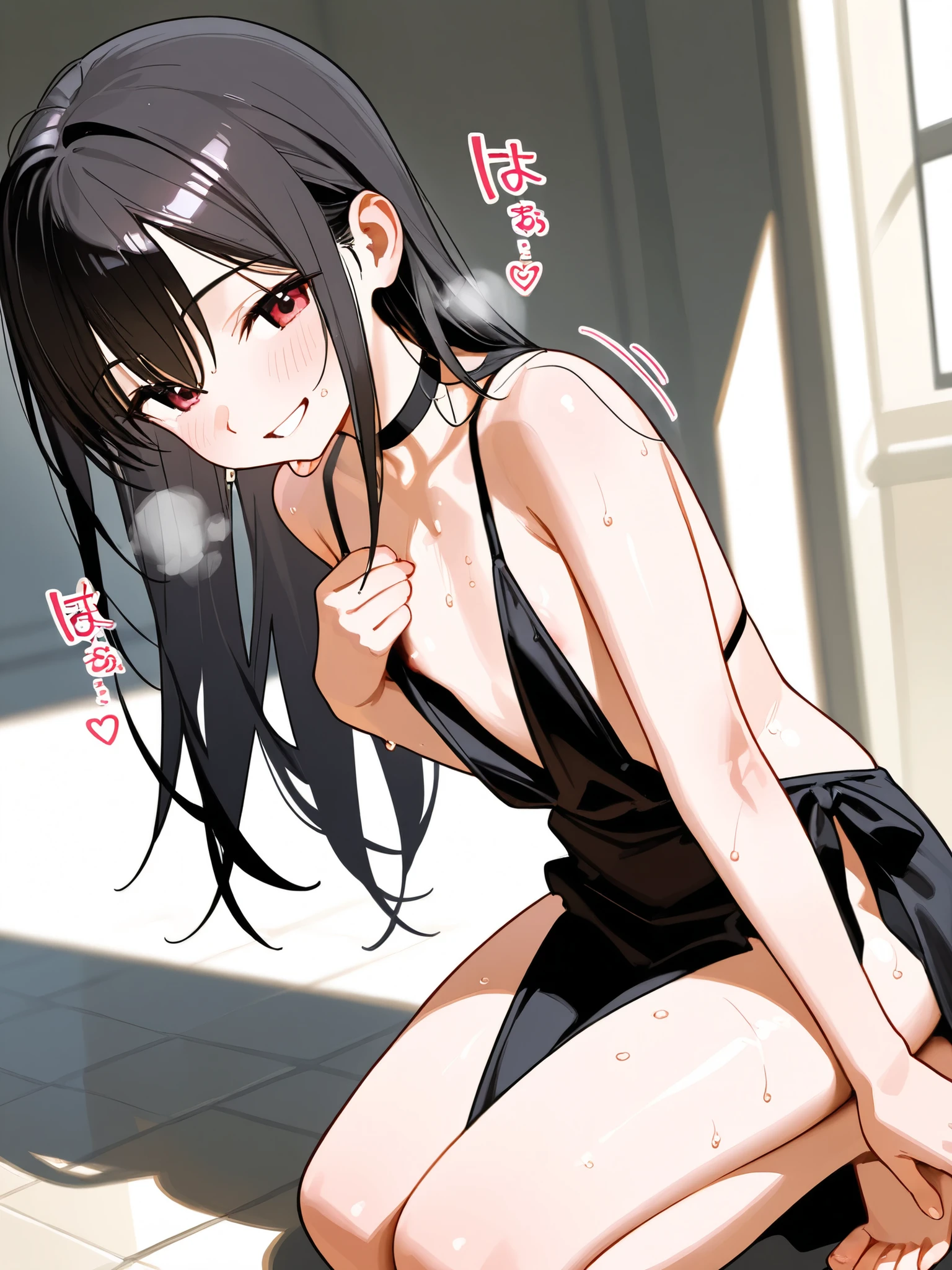  1girl, Yuki Suou black hair, long hair ,smile , black eyes in sexy lingerie eyes looking at me Trembling with pleasure, Masturbatingon Trembling with pleasure, Masturbating while wow open her legs , in bed room eyes looking at me
