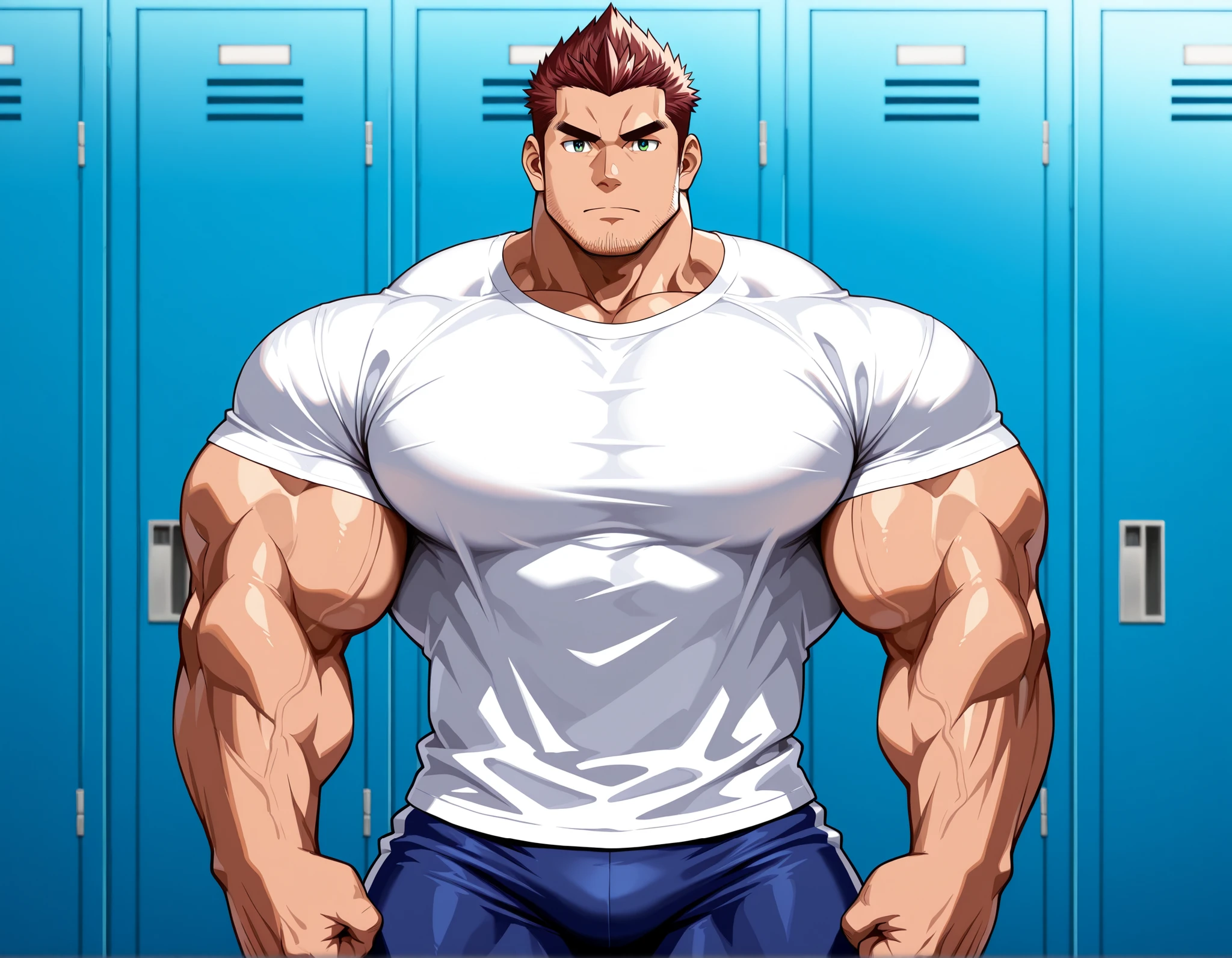 Ash Ketchum from Pokémon anime as a grown up big dumb muscular bodybuilder jock in a locker room flexing and staring blankly under hypnosis as he repeats, "Bigger... Dumber...." in a deep mindless emotionless voice with his fellow hypnotized jocks to forget about Pokémon training and focus instead on training his own body and obeying his coach. Hyper swollen bulging crotch. Hyper muscles. Big biceps. Big triceps. Broad shoulders. Big traps. Big lats. Big meaty pecs. Massive deltoids. Six-pack abs. Spherical glutes. Brainwashing. Hypnosis. Hypnotized. Bro. IQ drain. Dumber and dumber. Meathead. Musclehead. Mindless. Hypno. Mind control. Brain drain. Entranced.