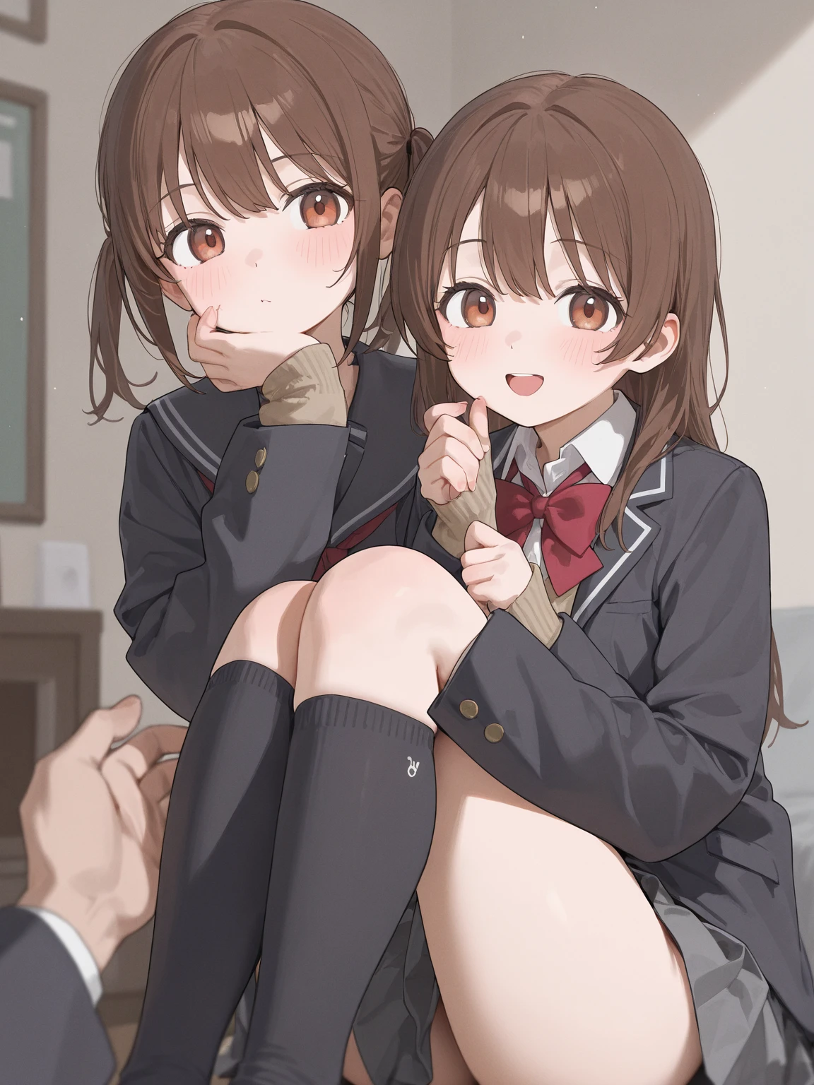 masterpiece, best quality, (two girl are having sex:1.3), home, on bed, missionary position, high school student, short height, medium length hair, (ahoge:1.0), (brown hair:1.2), brown eyes, hairs between eyes, collared shirt, blazer, pleated skirt, , bow, black thighhighs, (saliva:1.4), (pussy juice:1.5), (sweat:1.2),