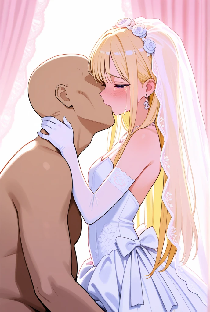 <lora:é´èå¨ç¼ç䏿¹>,((best quality,extremely detailed,incredibly absurdres,extremely detailed cg,more details,ultra-detailed:1.1)),((bust:1.2)),
1girl,shiny_skin,thin,blonde hair,exquisite eyes,navel,big breasts,cleavage,navel,(wedding_band:1.1),(golden drill bit curled princess curled long hair),collarbone,(bridal_veil:1.1),(white bridal lingerie:1.1),(lace-trimmed_sleeves:1.1),
hetero, penis over eyes,middle_finger,((blush:1.2)),((sweat:1.2)),open mouth,((heavy_breathing:1.2)),tongue,saliva trail,tongue out,((cum in mouth:1.2)),((cum on hair:1.2)),((cum on breasts:1.2)),((cum on facial:1.2)),
dark-skinned male,penis,erection,testicles,nude,
(night:1.1),