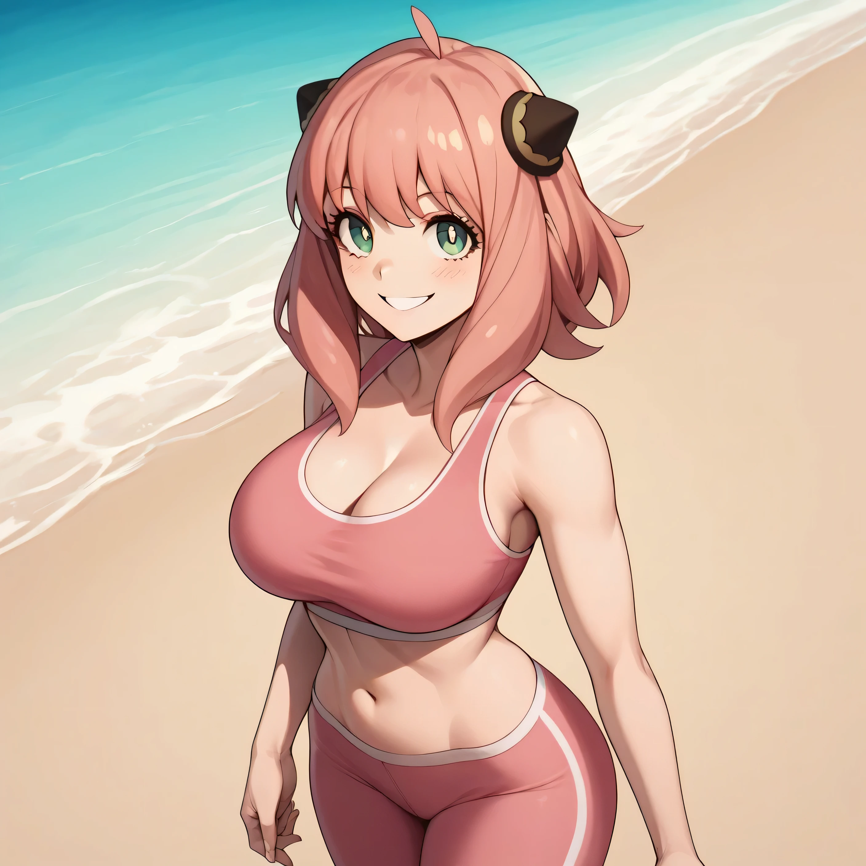 1girl, solo, anya forger, 1girl, aged up, grown up, older, adult, solo, hairpods, gold trim, red ribbon, looking at viewer, ahoge, smile, large breasts, round breasts, thick breasts, expanded breasts, sleeveless pink sports bra, pink yoga pants, hot, sexy, horny, exposed midriff, tight midriff, sexy midriff, cute, beach, outdoors, standing,