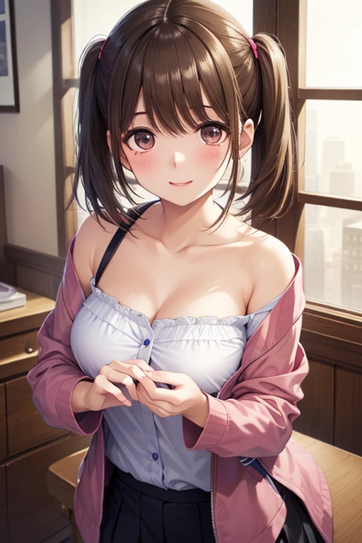, 1 girl, 一人in, model shoot, wonderful, arena, (((I wore))), , look at the user, smile, blush, hairpin,(( Braided)), hair ornaments, ((hair clip)), Pink clothes、The gentle feeling of touching a man's chest!!in、Some men have big breasts