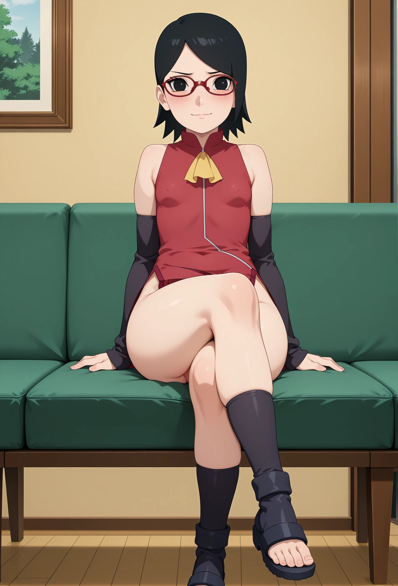 Obra maestra, high resolution, illustration, anime style of a Yandere girl and psychopath with short, dark green hair, her eyes are green and she wears glasses, she wears a  uniform and is in a basement smiling maniacally and macabre, she has a disturbed look and holds a kitchen knife in her hand right and his Uniform has red stains, Terror, psychopath、sangrienta、gotitas de sangre