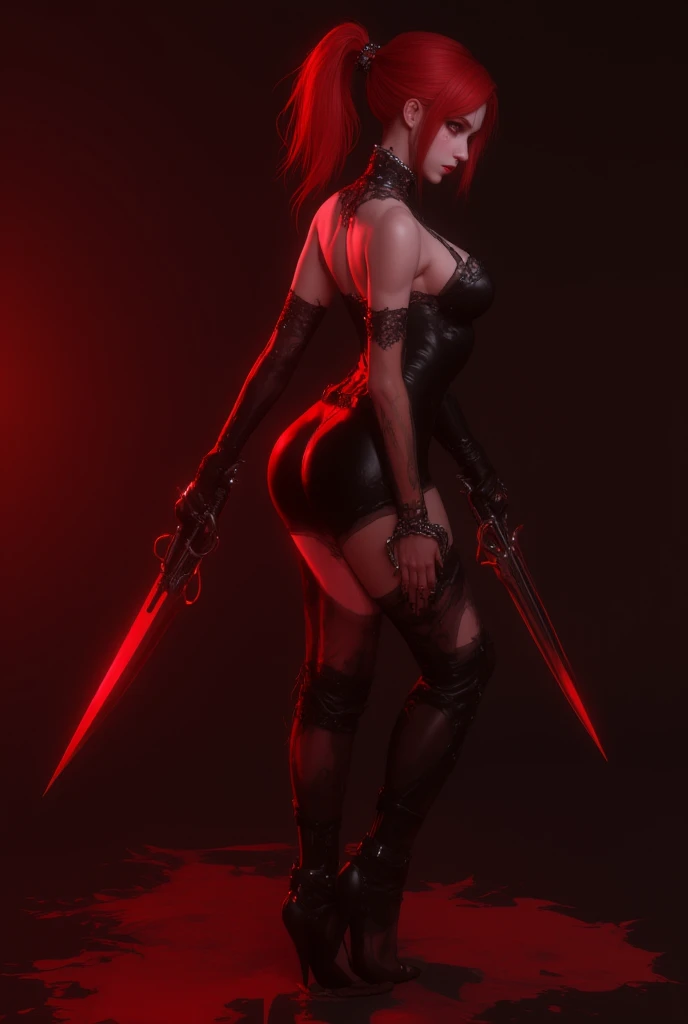 a woman with red lipstick has armor on and is holding a sword, kirijou mitsuru, 1girl, solo, hair over one eye, long hair, (((red hair))), (((red eyes))), weapon, rapier, sword, bodysuit, black bodysuit, grey bodysuit, hand on hip, (((large breasts))), simple background, white background, (purple theme:1.2)
