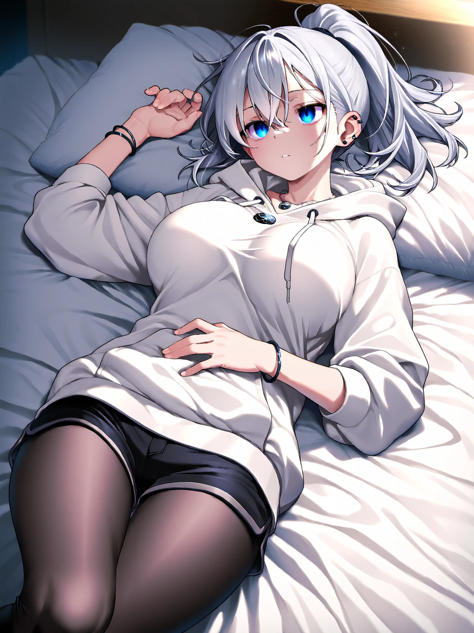 masterpiece, highest quality, 1 person,( Large Breasts,Blue hoodie, Are standing, View Audience,Dolphin Shorts,),Detailed Background、A person who writes in detail、Accurate human body、Knowledgeable person、Five correct answers、Mature Woman,Thighsが太い,cruvy body,Melusine, (Brown eyes:1.5), Long Hair, ((Gray Hair)), Side Lock,Long sleeve、Knee socks、Thighs、白いKnee socks、solo,((pussy juice stain))、On the bed、Lying on your back、wedding ring