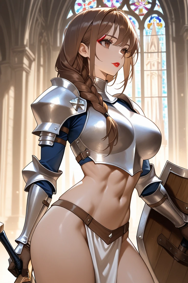 Guerreira, fantasia, armadura de placas, steel breastplate, Steel gauntlets, steel gloves, saia curta, saia vermelha, levantando a saia, calcinha branca, calcinha aparecendo, Brown hair, realista, D&D, saia levantada, (cameltoe), upskirt, Steel gauntlets, steel boots, steel breastplate, melhor qualidade, long ponytail, obra-prima, 8k, (exposed navel), belt
