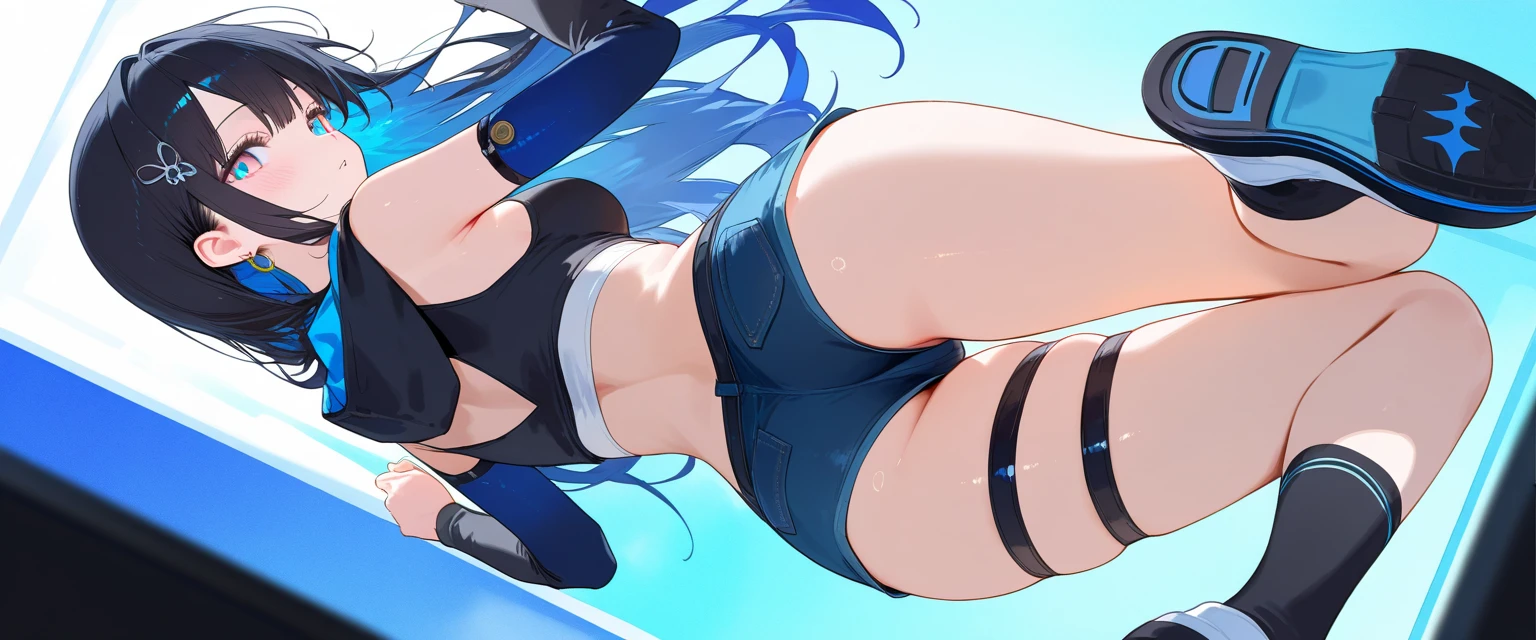 On a bridge over a big river　light blue long hair　Beautiful girl with twin tails　Tie a rubber rope to your feet and jump into the river　I&#39;m bungee jumping　