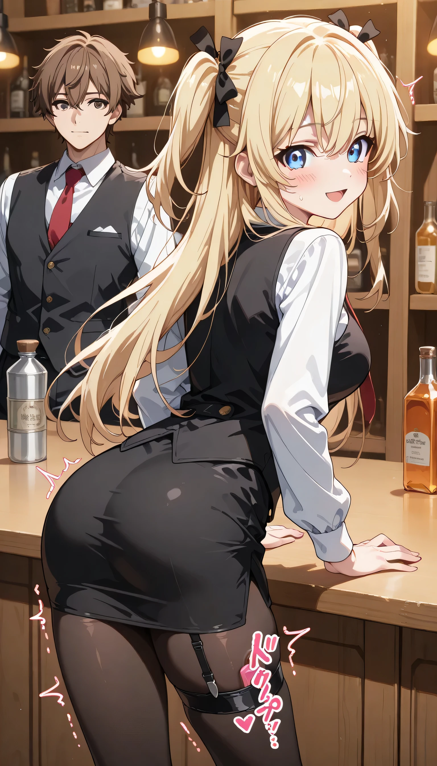 ((ultra-detailed)), (highly detailed CG), (best quality:1.2), ultra-highly detailed, colorful composition, artistic photoshoot, 1girl, solo focus, thigh to top:1.4, cowboy shot:1.4, ideal ratio body proportions, moe anime character, girl, dainty facial structure, baby face, round face, rounded chin:1.2, ideal ratio body proportions, blue eyes, sagging eyes:1.2, (closed eyes:1.3), open mouth, silver hair color:1.3, two side up, hair ribbon with black, ample breasts, bartender:1.3, white shirt, puffy_sleeves,long_sleeves, red necktie, black vest, pencil_skirt, pantyhose, Garter belt, shaker, one hand on the table, leaning forward a little, endure pleasure:1.3, full face blush:1,3, orgasm:1.3, sweat:1.3, girl trembling with sexual climax:1.3, climax face:1.3, (sound effects:1.3), shivibpof, remote control vibrator:1.3, pov, vibrator in thigh strap:1.3, a(girl trembling with sexual climax:1.4), fidgeting:1.3, dynamic pose:1.1, contrapposto pose, (from behind:1.4), (turn around:1.4), standing in the night bar, expecting, pink cheek, blush, light pink gloss slip, portrait, depth of field, shining lighting:1.3, sidelighting, shine, lighting, caustics, ray tracing, smile, perfect face, lustrous skin, highly detailed face, highly detailed eyes, perfect face, perfect nose, perfect hair, perfect eyes, perfect anatomy, beautiful hair, beautiful small face, extremely detailed face, beautiful detailed eyes, beautiful clavicle, beautiful body, beautiful ample breasts, leavage, breasts squeezed together, equalize the size of the left and right breasts, beautiful thin thighs, beautiful legs, beautiful fingers, 4 fingers, 1 thumb, lovely, (very detailed background:1.0), (highly detailed background:1.0), intricate details, joyful atmosphere, chromatic aberration