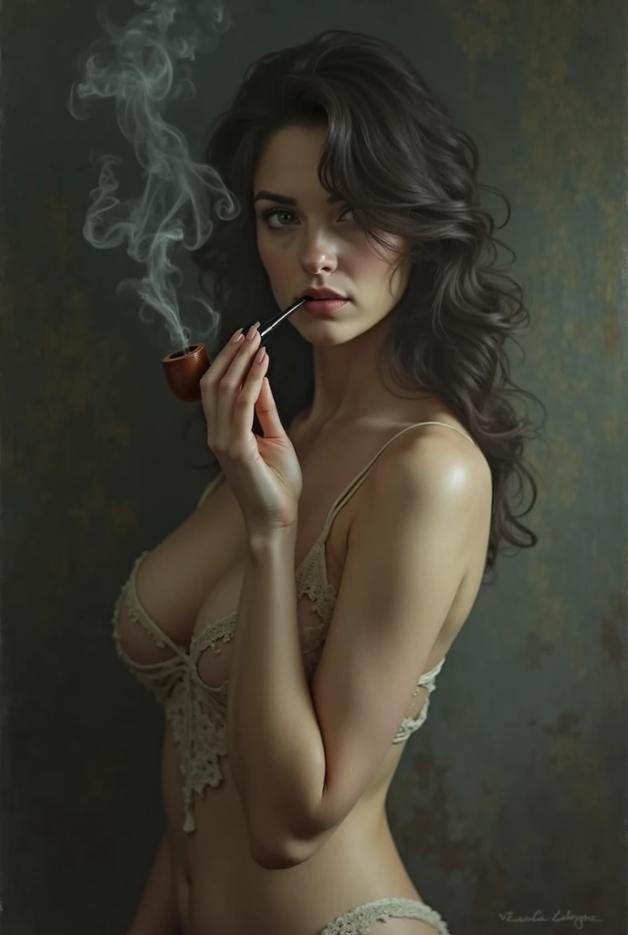 The portrait of a beautiful young peasant woman wrapped in a fantastic atmosphere of smoke with elegantly designed scrolls under the Fibonacci sequence and in the style of Giovanni Belini, in an oil painting on wood in the Venetian technique.