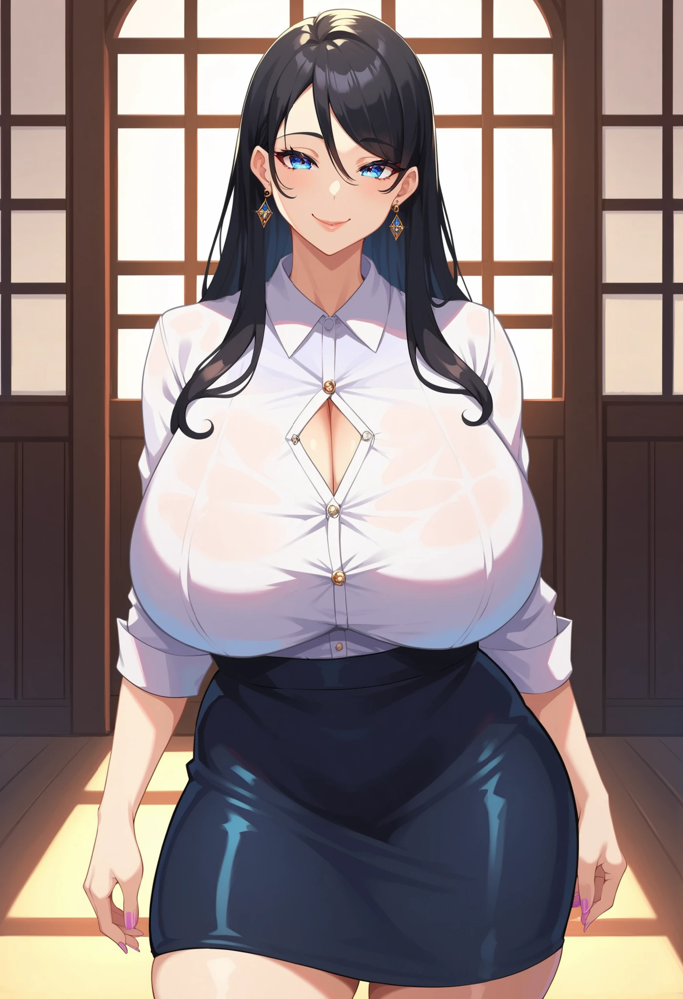 [a handsome, sexy mature woman with a seductive smile and parted lips stands against a white background. darkskin, She has sharp eyelashes, eyes browns, and long black hair with bangs. His figure is voluptuous, with a narrow waist, Broad Hips, and huge breasts. The image has an impact, Genshin-inspired style, rendered in high detail and HDR quality as a stunning work of art.]