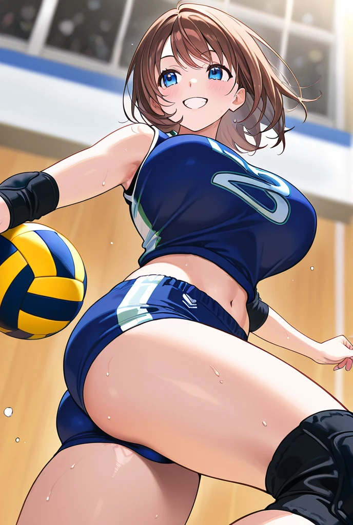 unity 8k wallpaper, anatomically correct, (((masterpiece))), (((best quality))), (((ultra detailed))), (((high-resolution))), ((super fine illustration)), ((Ultimate cutie)), ((detailed beautiful face)), ((perfect hands)), ((perfect finger)), (((good anatomy))), shiny hair, short hair, medium breasts, (potbelly), (curvy), ((Thick thighs)), (((solo))), ((evil smile)), (grin), ((blush)), ((female volleyball player)), ((hold Beautiful spherical shape 6-inch volleyball)), hand on hip,
BREAK, ((buruma)), (crotch), ((sleeveless collared Volleyball Uniform)), (knee pad), (elbow pad), adidas, ((sweat)), ((covered in sweat)), (breath), in Volleyball Court, in gymnasium, from below, (looking at viewer), cowboy shot,