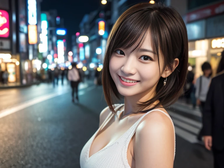 Highest quality,a girl, one girl,solo focus,raw photo,Very detailed,bloom,4K,8K,Realistic,full body,walking,Japanese women,一人のJapanese women,Age 25,Clear,kind,Beautiful eyes,short brown hair,smile,smile,teeth,Small large breasts,healthy,positive,Recruitment Suit,,The background is night,After work,In town,neon,one girl