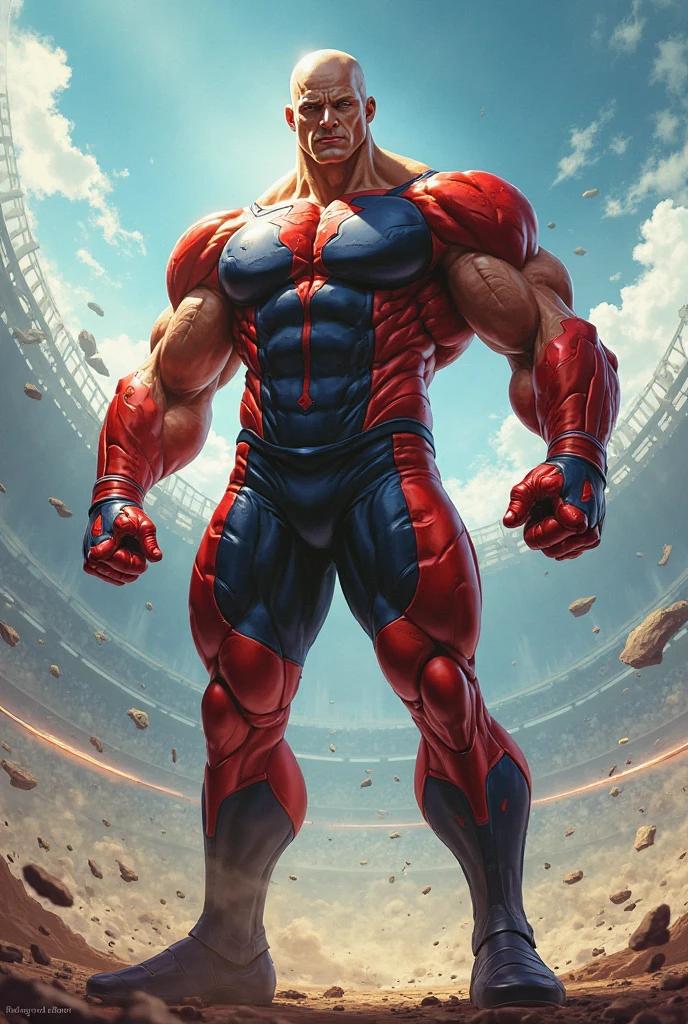 full shot photo of muscular ironman, flying,red robot outfit, cornrows, fists, angry, energetic, realistic,photo, sky background, comics style, detailed clothes, <lora:bulkedupAI_bulkedupAIR15:0.45>