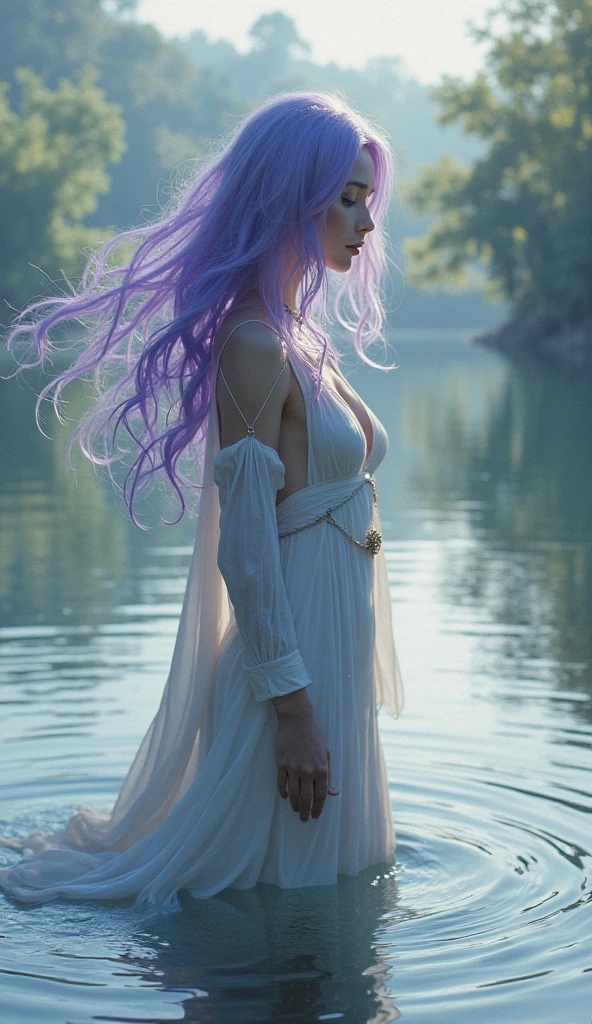1girl, Feminine Aquatic Spirit, Water-colored hair, spring water inside, a few drops of water on the skin,