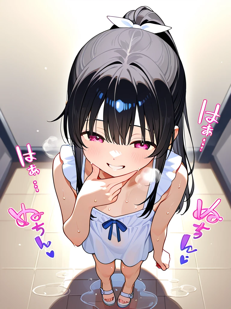 high quality, detailed, 1girl, , , 10 yked, maid, flat breast, bare breast, black hair, long hair, purple eyes, shocked, crying, threatened, shed tears, suffering pain, fellatio, hold a penis in mouth, cum in mouth, from side