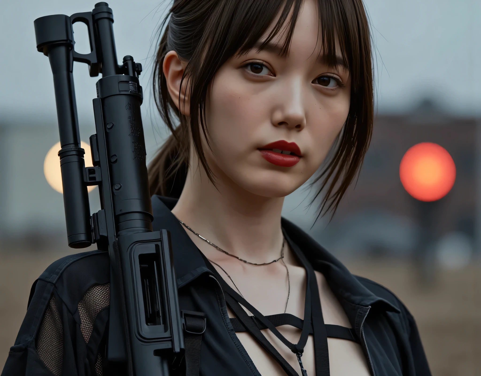 (((A smoky battlefield at dawn:2.0))),(((HR Gigger-like cyberpunk Atmosphere:2.0))),(((rugged assault rifle:2.0))),one woman,(sexual expressions:2.0),(Beautiful well-balanced face :1.7),(((bright red lipstick:1.7))),(wavy dark hair that exposed muscles:1.5),(Beautiful Eyes:1.3),glamorous shot of a 20-year-old Japanese woman,beautiful slender body,((Model Body:2.0)),((slim body:1.7)),perfect body line,ideal proportions,((Big breasts:2.0)),((スリーサイズ90-58-86:3.0)),((F cup breasts:1.5)),big ,Bare thighs,(Sensual Thighs:1.7),delicate body,(Glutinous meat:1.7),Harmonious posture,((Realistic breast depiction :1.7)),Carefully Depicts Limbs Based on Perfect Anatomy,((futuristic samurai style black super high-leg leotard with harness:2.0)),((unbelievably super high-leg leotard with lower breasts sticking out:2.0)),((((Super Hi-leg Leotard That Dived Intensely:2.0)))),((Tactical Holster:2.0)),(Gloves:1.3),((((Coarse mesh fishnet stockings:2.0)))),((, military coat-like black kimono with an open front over a leotard:2.0)),Concept Art,(top quality:1.5),(masterpiece:1.5),(超高Resolution),Resolution,UHD,(delicate depiction),carefully drawn,32k,((realistic skin texture:1.5)),((pale skin:1.7)),(((super realistic:1.5))),carefully drawn eyelashes,very detailed face,highly detailed female hands, Sexy appearance ,very sensual,(Blurry, dim background:1.5),PROFESSIONAL PHOTOGRAPHY,(Cinematic Lights:2.0),((Blade Runner Style Lighting:2.0))