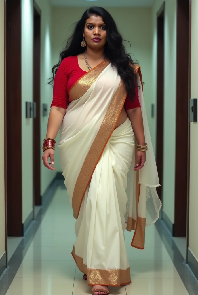 Day scene, A radiant, full-figured South Indian aunty a white colour chiffon fully transparent kurta, and leggings, ,standing, in a office captured in a full-body image with vibrant hues and meticulous details. Full body image