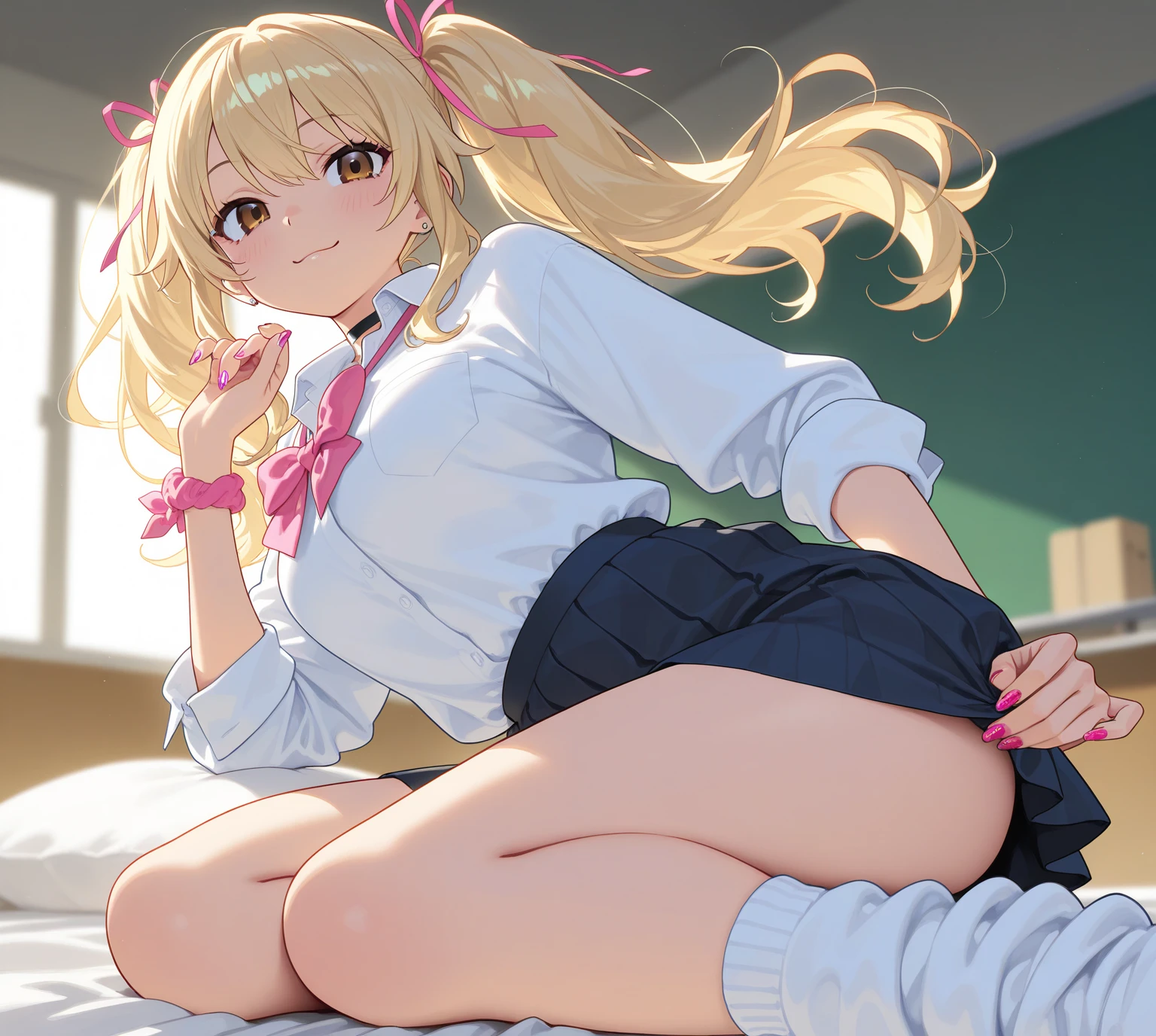 NSFW, lying girls up to down, 1girl solo focus from above, a girls closed eyes and super open big mouth face, open legs and super loose socks feet and wearing loafer soles up straddle male abdomen missionary sex, The composition is as if you are looking at her face while sucking her tits:1.4, on the pink cute bed, She's writhing with her hands raised in agony, She lies on the bed on her back POV real life closed deep inserted penis vaginal sex, (Her beautiful pussy overflowing with love juice as the penis is inserted:1.4), You push her down on the bed POV, Beautifully breasts exposed by the unbutton open front outer shirt, View from very close directly above, (Masterpiece, Super realistic, Super details, Super Highest Quality, Super Highest Quality), super cute and beautiful girl, You are male professional photographer, Japanese gal, For dark brown eyes, Blonde yellow hair, Pink ribbon, gal make-up, False eyelashes, Pearl pink lips, Unbuttoned out Hemmed sailor red open collared open front white shirt, (Very thin shirt:1.3), beautiful side face focus, big open mouth, (brown eyes:1.4), big round chest, BREAK, (Half down two side up blonde very long hair style:1.4), (Wider at the hem flabby large in size Super Loose Socks:1.4), An innocent , (skin fang:1.2), realistic cute Japanese girl, standing pose, wear white unbuttoned shirt, low-rise pleated plaid micro mini skirt, Japanese cute girls, long hair, blonde hair, two side up, hair ribbon, pink ribbon, frills, opened sailor collar, necktie, white shirt, long sleeves, red skirt, from behind POV, (shirt trimmed with white frills:1.4), She arches her back very much, from above, head back Chin up close face focus from above, The angle of view is such that it looks like you, the male viewer, are actually standing behind the girl and having sex from behind. vaginal sex, inserted penis,