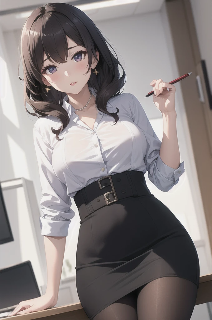 absurdres, RAW photo, extremely delicate and beautiful, masterpiece, Best Quality, ultra high resolution, 32k, hyperrealistic, ultra-detailed, delicate facial features, beautiful detailed woman, tearful mole, earring, medium breasts, full body shot, medium hair, black hair, Office Lady Suit, dress shirt, Bra,