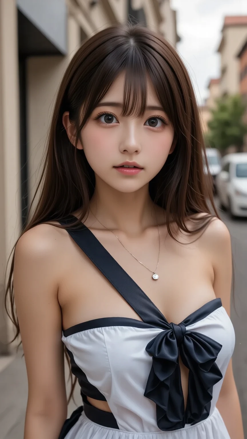 NSFW, 8k raw photo, highest quality, masterpiece, ultra high resolution, filmグレイン, ((Showing off her revealing white micro bikini)).film, 1 girl, look at the audience, Natural skin texture very heavy chest))),Realistic eye and face details, full lips, lipstick makeup), red eyeshadow, Fluffy ponytail hair, messy hair, A sloppy smile, beautiful legs, tall woman, skinny, slim_Legs, solo, huge , cleavag shirt,, ad the flower position, (detailed background,露出度の高い白いshirt, huge breasts, cleavage,  backgroud, short sleeve, ((JK with a blue ribbon wrapped around her neck))),big JK ribbon, brown hair, bracelet, water, bangs, jewelry, parted lips,, Depth of bounds written、Underarm pussy、beautiful sea、water色のストライプ模様