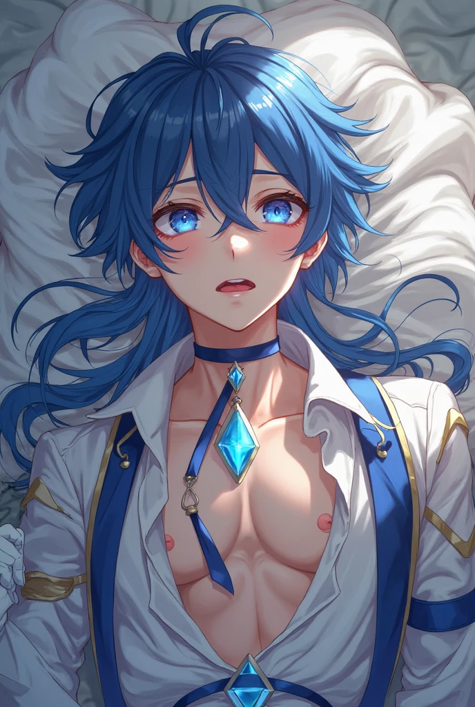 ,(((men's,male:1.3))),((White and darkblue hair:1.3)),(Shiny marble eyes:1.45),((NSFW:1.25)),(A lustrous, soft face:1.4),(KISS Face:1.25)(A embarrassed and my face turns red:1.2),(Face front:1.3),((bed room:1.25)),((Gorgeous Arabian costume:1.3)),((sex,Fellatio:1.2)),((Lock、first round、Handcuffs:1.2)).