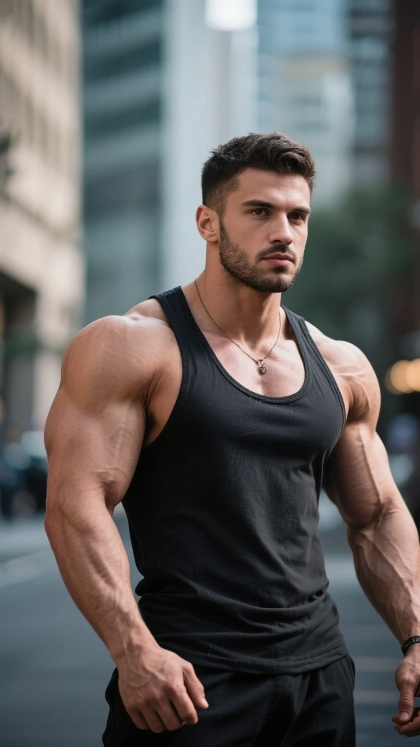a very handsome and young man, with a massively muscular body, with a wide and muscular upper part of the body, with massively large muscles, with very defined muscles, with a defined and massively muscular belly, with massively large, muscular arms and defined, with massively large, muscular and defined biceps, wearing a simple gray sweatshirt with long sleeves, in a city at night, close-up view, seen up close